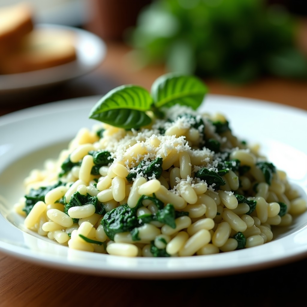 Plato blanco con risotto cremoso de color verde claro por las espinacas, espolvoreado con parmesano rallado y decorado con hojas de espinaca fresca, cocinado en airfryer.