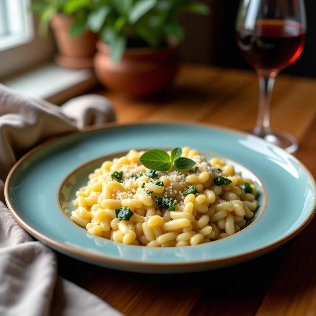 Plato hondo blanco con risotto cremoso de color verde claro por las espinacas, salpicado de trozos de queso azul y parmesano rallado, preparado en airfryer.
