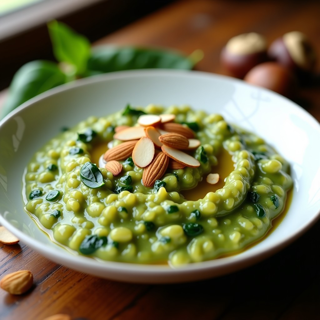 Plato hondo blanco con risotto de espinacas y queso de castaña vegano, cremoso y de color verde suave, coronado con almendras fileteadas doradas y un hilo de aceite de oliva. Receta en olla exprés sin lactosa.