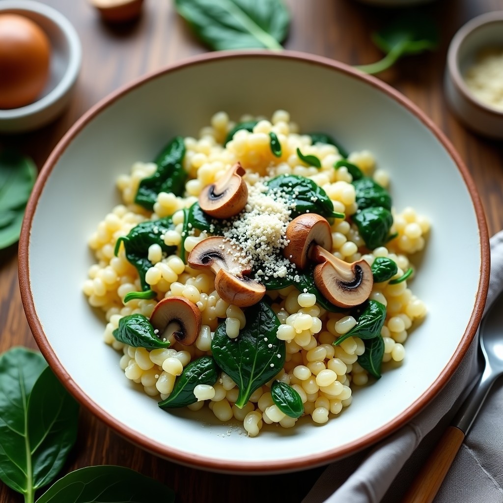 Bol hondo de cerámica blanca con risotto cremoso de espinacas y setas, servido en airfryer, con toques verdes y dorados, receta keto sin lactosa.