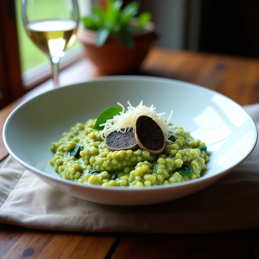Plato hondo blanco con risotto cremoso de color verde claro, espinacas frescas integradas y láminas de trufa negra por encima, decorado con queso Parmesano rallado y un hilo de aceite de trufa.