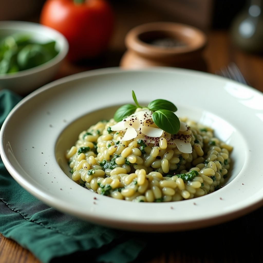 Plato hondo blanco con risotto de espinacas y trufa en capas, cremoso abajo y al dente arriba, decorado con hilo de aceite de trufa y virutas de parmesano.