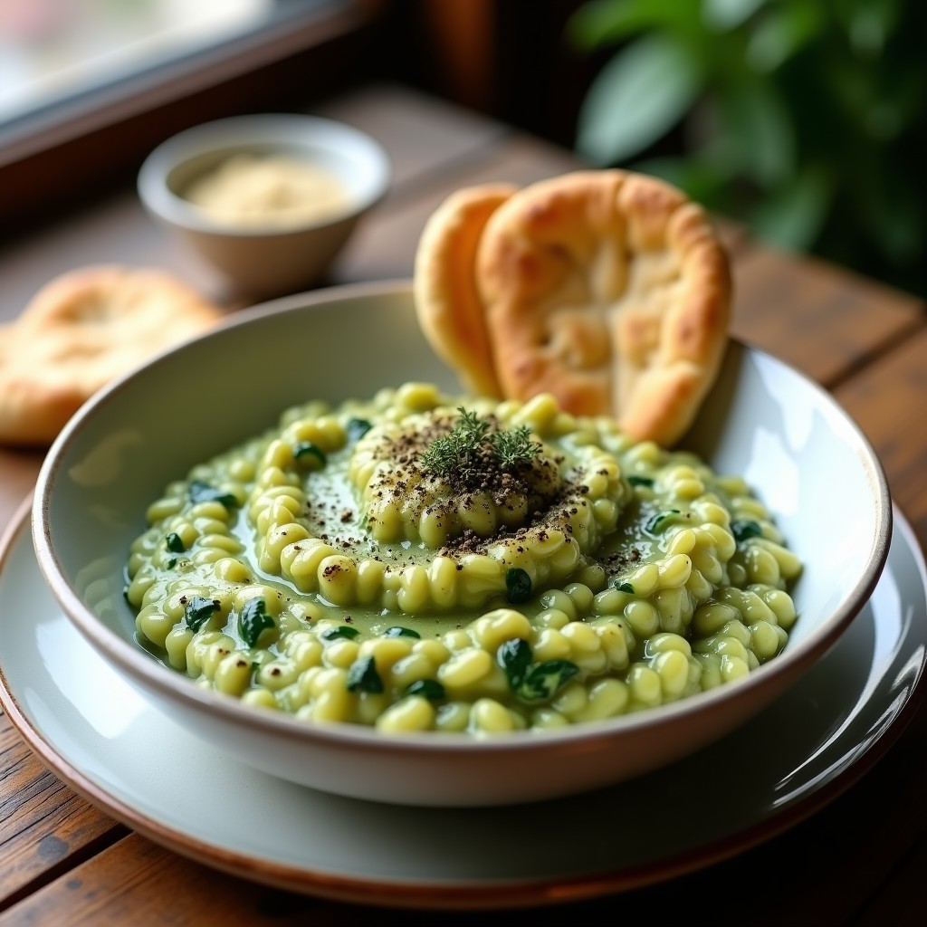 Plato hondo de cerámica blanca con risotto cremoso de color verde claro, espinacas frescas y especias zaatar espolvoreadas. Fondo rústico con pan de pita tostado.