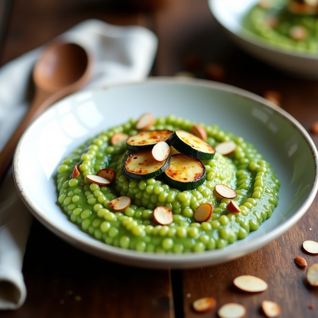 Plato hondo blanco con risotto cremoso de color verde azulado por la espirulina, trozos de calabacín verde y rodajas decorativas, cubierto con almendras laminadas tostadas doradas. Fondo minimalista con servilleta de lino y tenedor de madera.