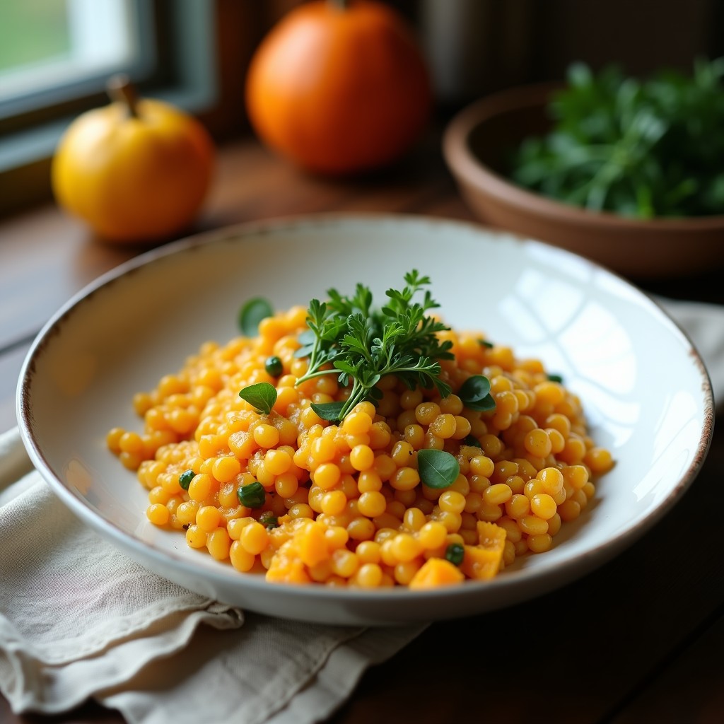 Plato hondo de cerámica blanca con risotto de espirulina y calabaza butternut vegano, de color verde esmeralda intenso, decorado con cubos dorados de calabaza asada, almendras fileteadas tostadas y un toque de espirulina en polvo. Fondo rústico con servilleta de lino.