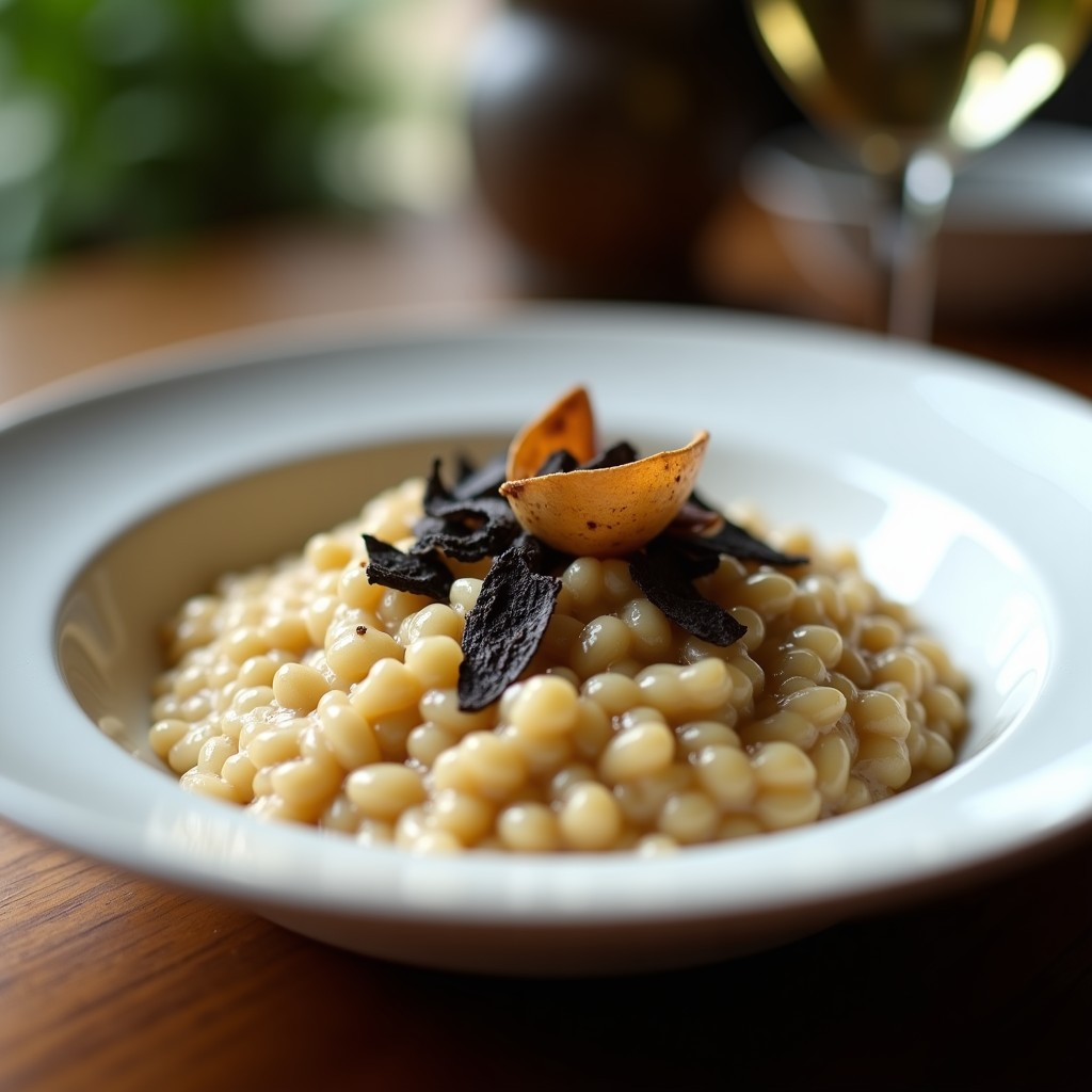 Plato hondo de porcelana blanca con risotto cremoso de color beige oscuro, salpicado de trozos de hongos negros y decorado con virutas de trufa negra y un hilo de aceite de trufa.