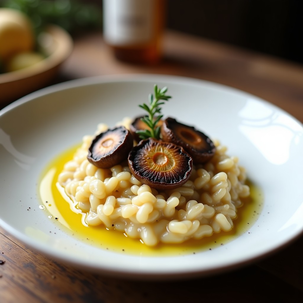Plato hondo blanco con risotto vegano cremoso de color beige, decorado con láminas de hongos portobello doradas, tomillo fresco y un hilo de aceite de oliva virgen extra.
