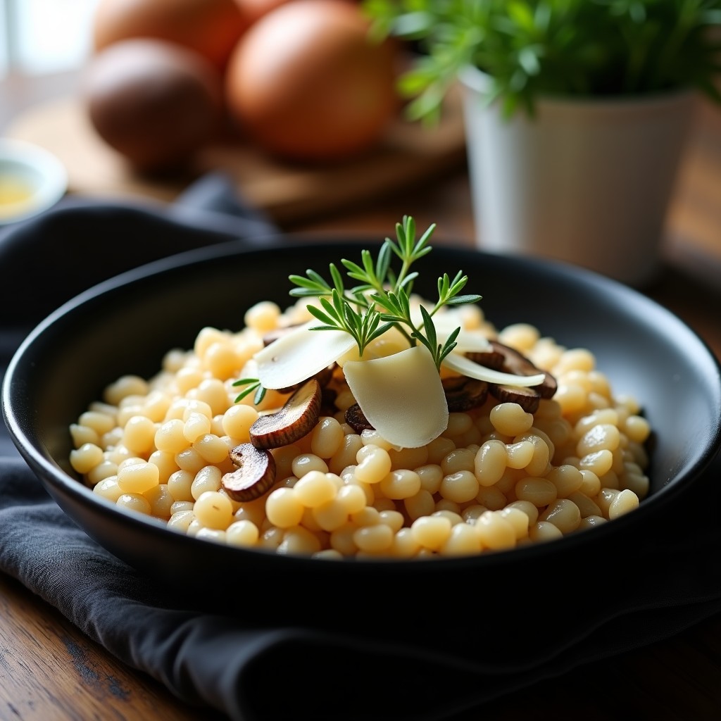 Bol de cerámica negra con risotto cremoso de hongo reishi umami, decorado con tomillo fresco y virutas de parmesano, cocinado en airfryer sin aceite.