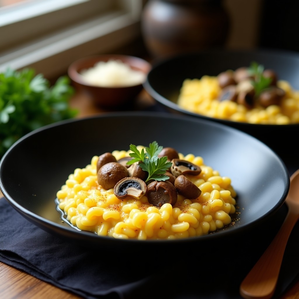 Plato hondo de cerámica negra con risotto cremoso de color dorado por el azafrán, trozos de hongos porcini y perejil fresco. Textura untuosa y brillo natural, servido con una cuchara de madera. Receta keto italiana de risotto de hongos porcini y azafrán con caldo de huesos.