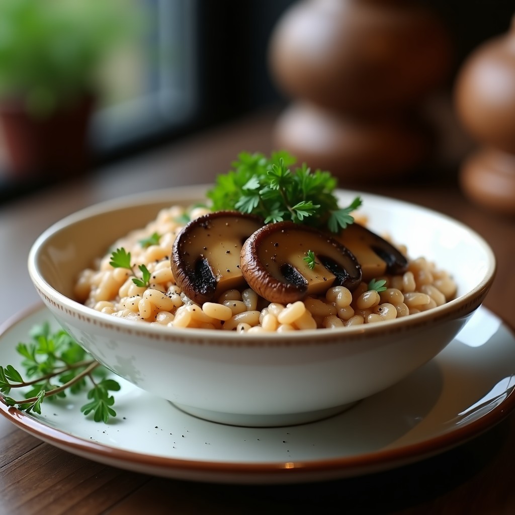 Plato hondo blanco con risotto de color rubí intenso, coronado por láminas doradas de hongos portobello, perejil fresco picado y un hilo de reducción de vino tinto. Fondo oscuro con copas de vino y servilleta de lino.