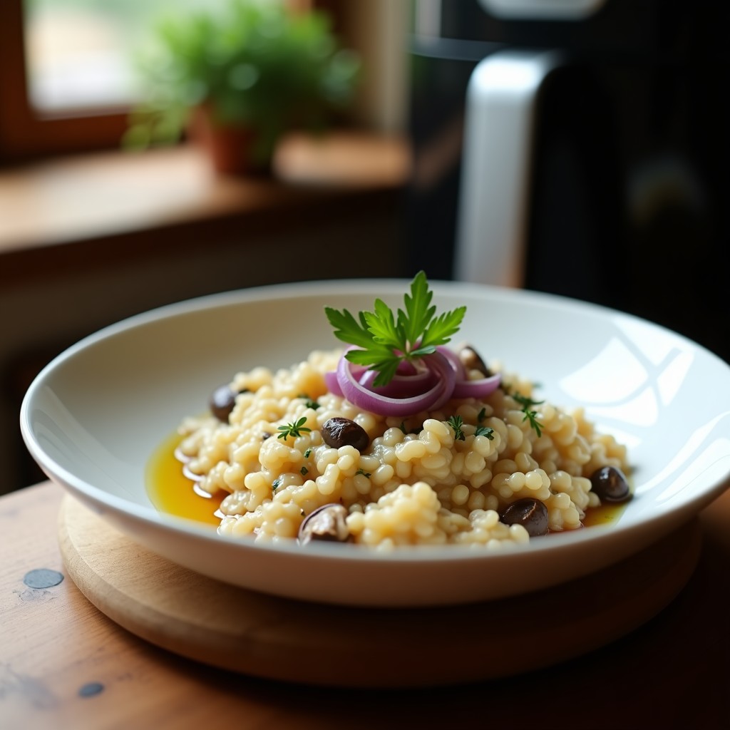 Plato blanco con risotto cremoso de color beige, salpicado de hongos shiitake dorados y perejil fresco, servido en un molde de cerámica dentro de la airfryer.
