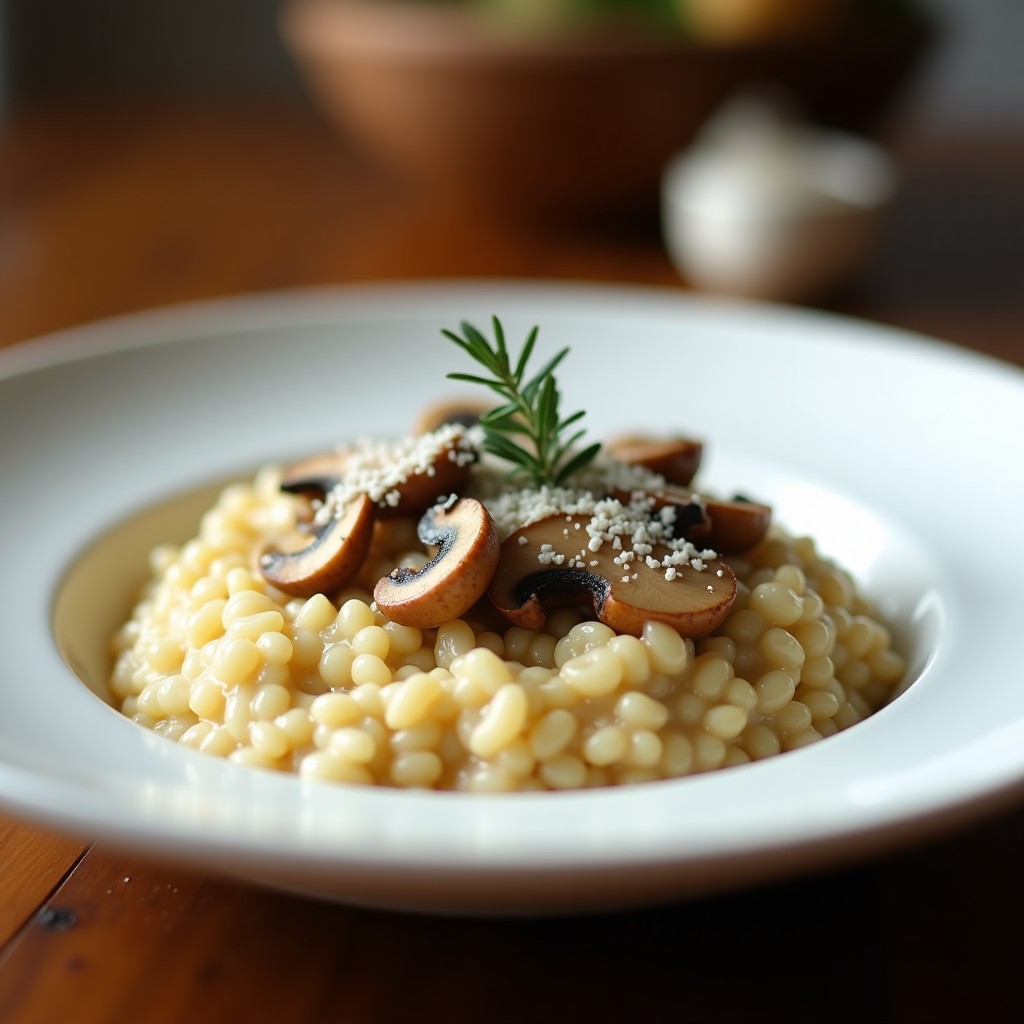 Plato blanco hondo con risotto cremoso de color beige, coronado con láminas doradas de hongos silvestres y virutas de queso parmesano. Textura sedosa y brillo natural, servido con una rama de tomillo fresco.