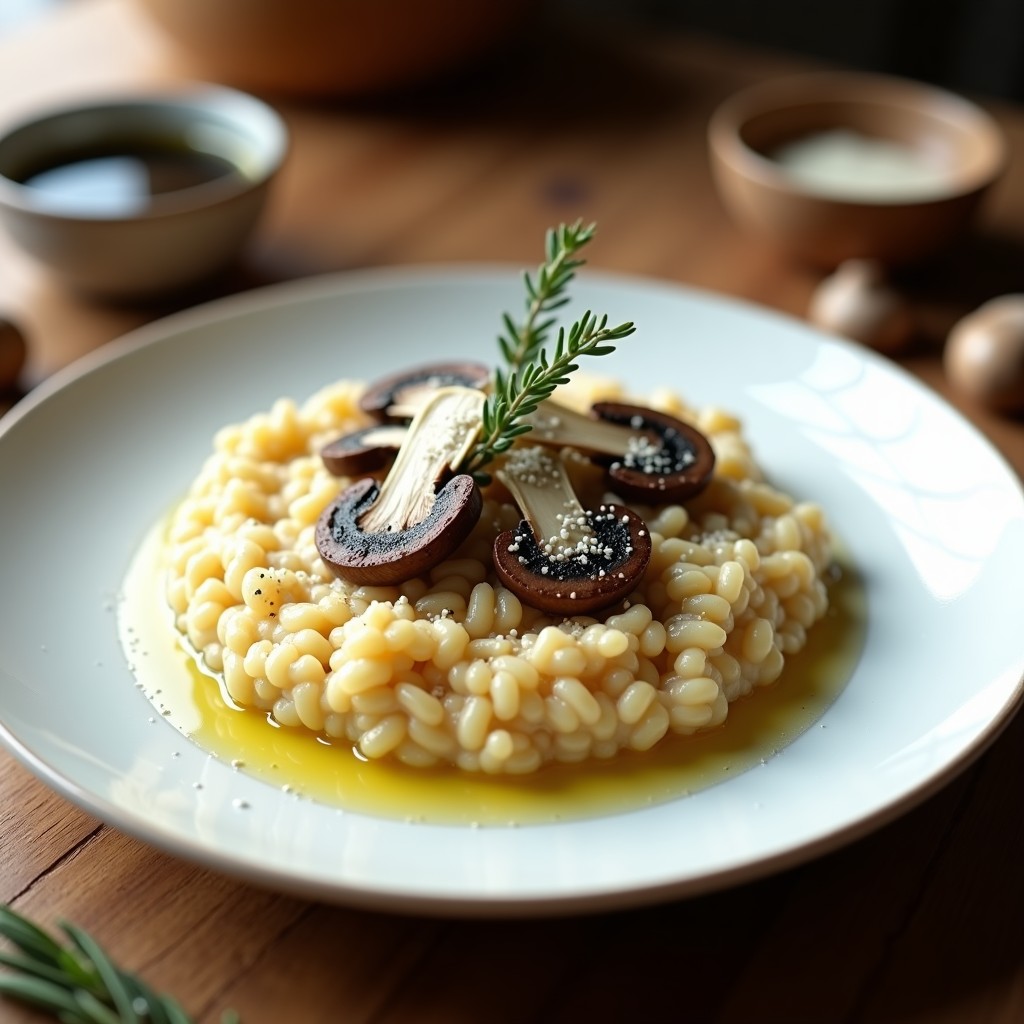 Plato blanco con risotto cremoso de color beige, hongos portobello dorados, espolvoreado con queso parmesano y un hilo de aceite de trufa negra, servido con una rama de tomillo fresco.