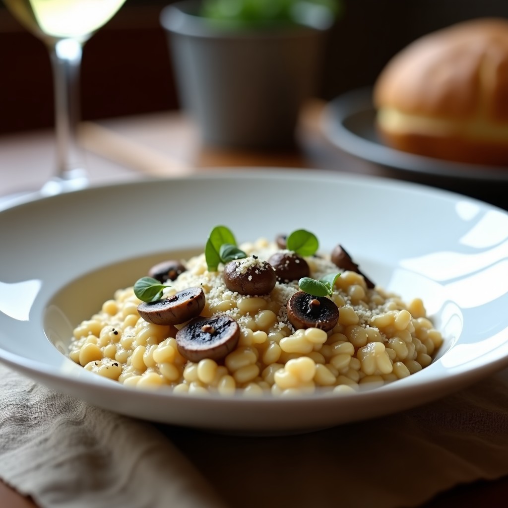 Plato hondo blanco con risotto de hongos portobello y trufa negra, cremoso y brillante, decorado con virutas de parmesano y un hilo de aceite de trufa, servido sobre un mantel rústico de lino.