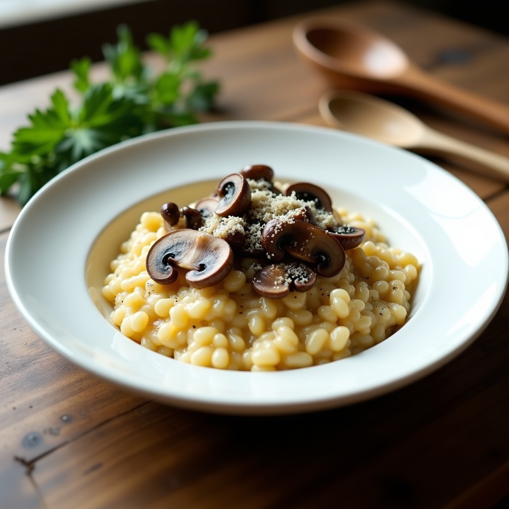 Plato hondo blanco con risotto de hongos trufados cremoso, decorado con láminas de hongos portobello y virutas de trufa negra, servido con una cuchara de madera.