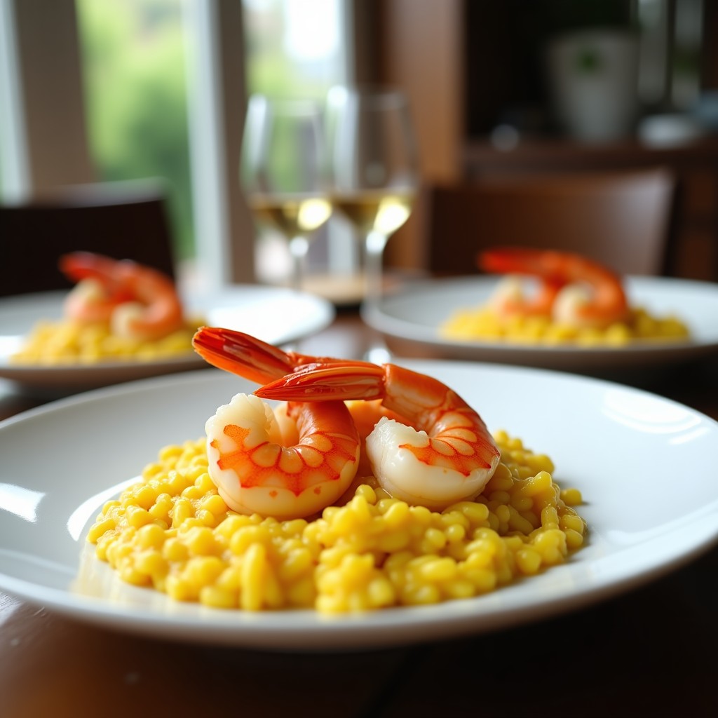 Foto de un risotto cremoso de langostinos y azafrán en un plato blanco, con langostinos crudos y hebras de azafrán en la superficie. Risotto de langostinos y azafrán