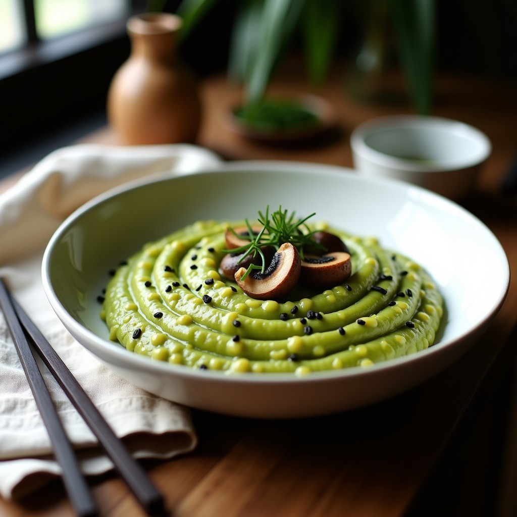 Plato hondo de cerámica blanca con risotto de matcha y champiñones vegano, de color verde pálido con trozos de champiñones shiitake dorados, decorado con semillas de sésamo negro y cebollino fresco picado. Fondo rústico con servilleta de lino y palillos japoneses.