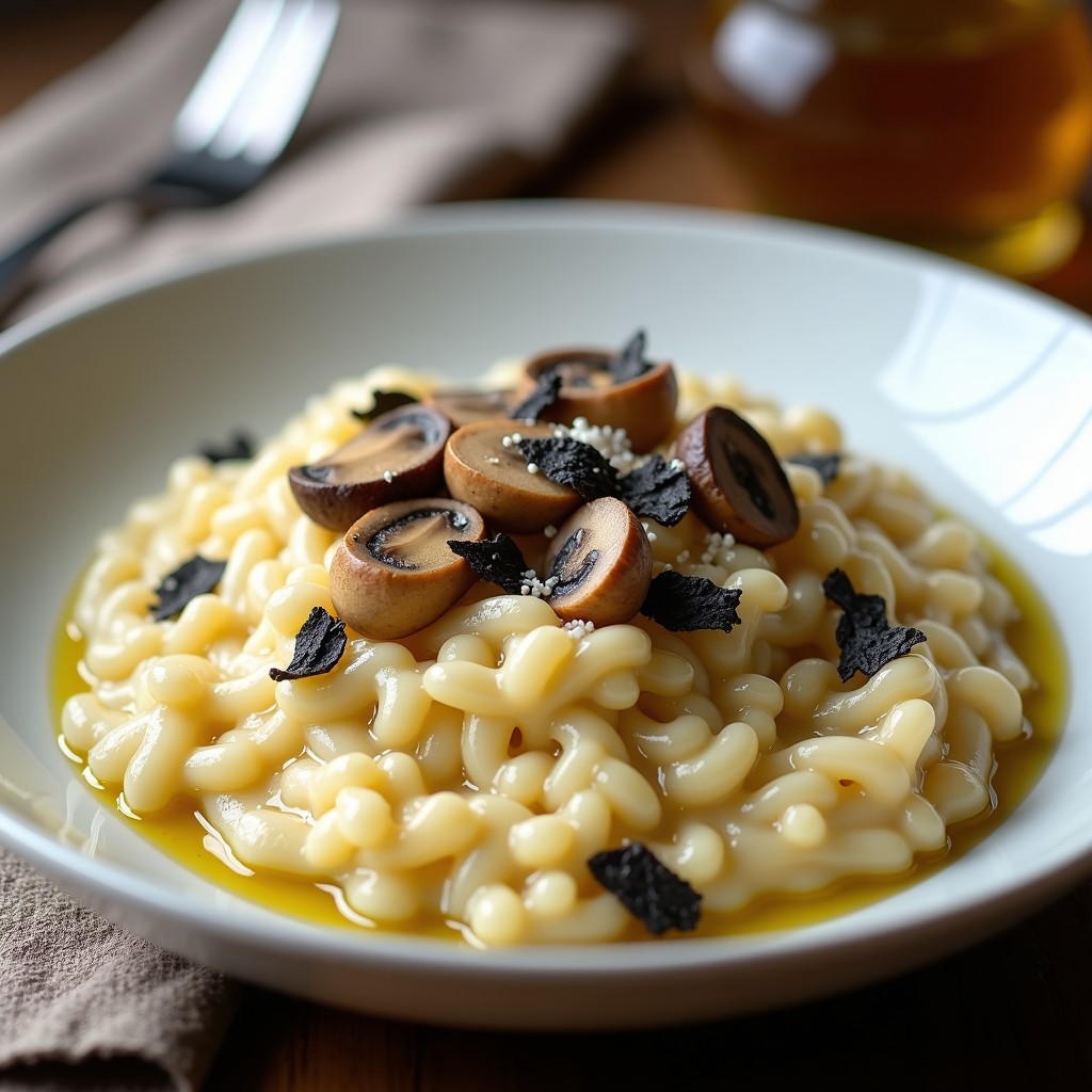 Plato hondo blanco con risotto cremoso de color beige, salpicado de morillas doradas y láminas de trufa negra. Decorado con virutas de Parmesano y un hilo de aceite de oliva. Fondo difuminado con servilleta de lino y cubiertos de plata.