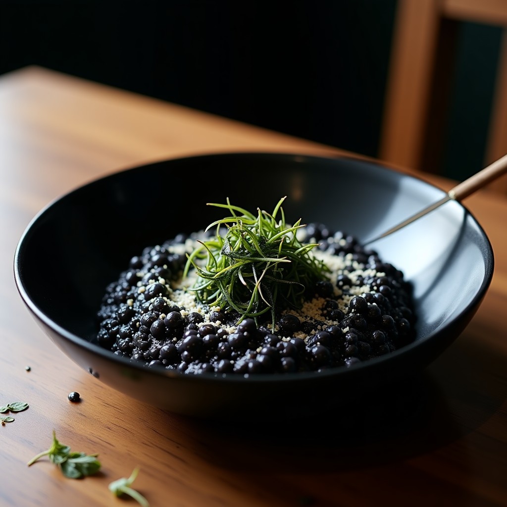 Plato hondo de cerámica negra con risotto negro brillante, salpicado de tiras de algas nori y queso parmesano rallado, servido con una cuchara de madera.