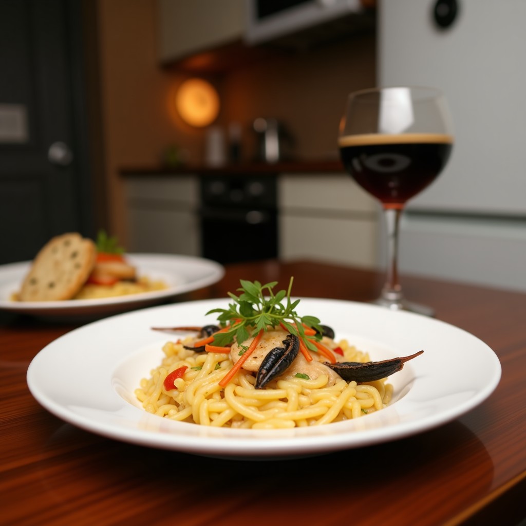 Plato hondo de porcelana blanca con risotto negro brillante, gambas rosadas y mejillones abiertos, decorado con queso Parmesano rallado y perejil fresco, receta de risotto negro con café y marisco.
