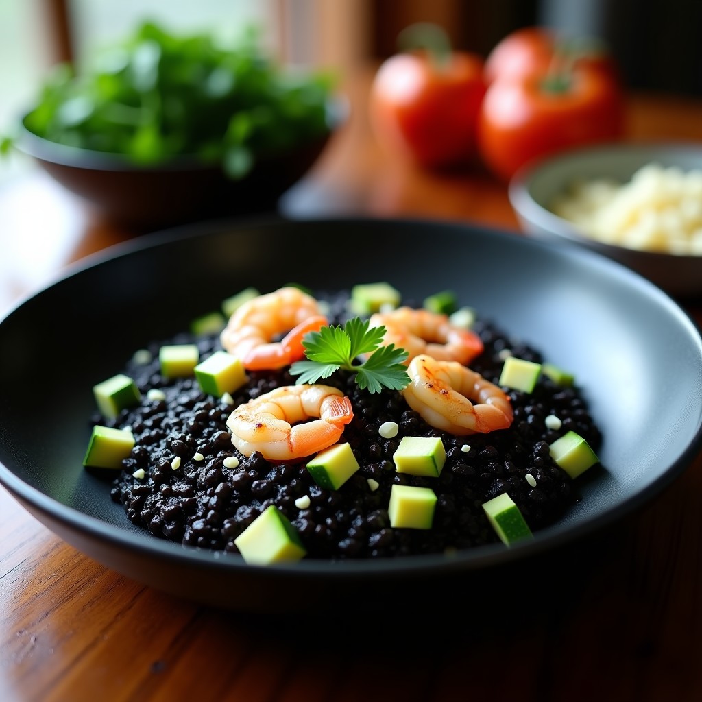 Plato hondo de cerámica negra con risotto negro cremoso, trozos de calabacín verde y gambas, decorado con perejil fresco y virutas de parmesano, receta en airfryer.