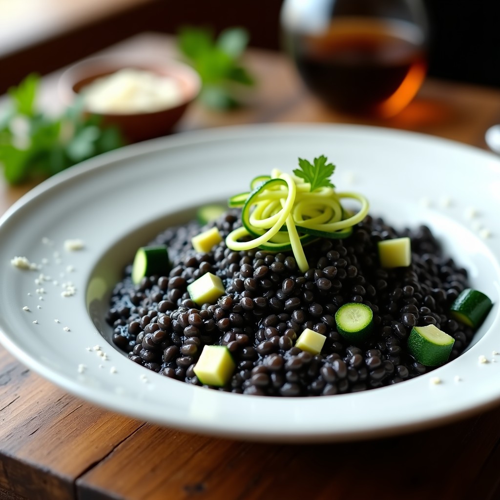 Plato hondo de porcelana blanca con risotto negro cremoso, trozos de calabacín dorado y un hilo de aceite de trufa negra, receta italiana gourmet.