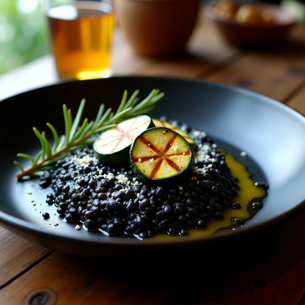 Plato hondo de cerámica negra con risotto negro cremoso, coronado por rodajas de calabacín ahumado y espolvoreado con queso parmesano rallado, receta gourmet.