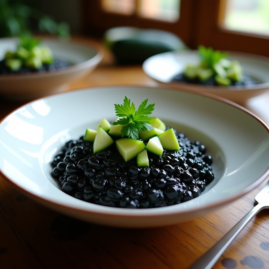 Plato hondo blanco con risotto negro brillante y cremoso, salpicado de cubos de calabacín verde y decorado con perejil fresco, receta en airfryer sin lactosa.