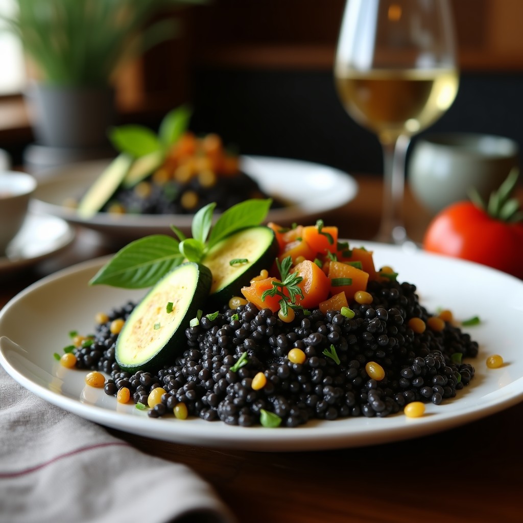 Plato hondo blanco con risotto negro vegano de calabacines y aquafaba, decorado con almendras fileteadas tostadas y perejil fresco, servido con tenedor de madera.
