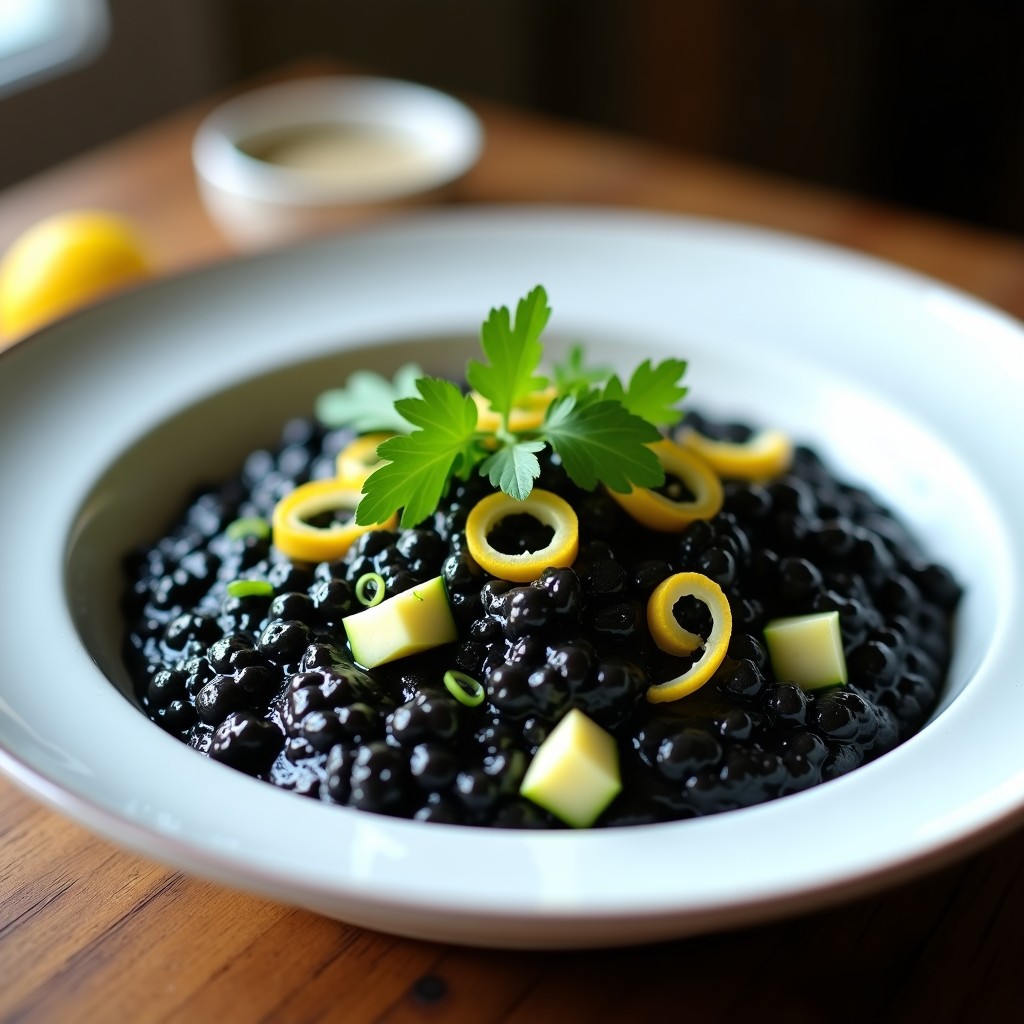 Plato hondo de porcelana blanca con risotto negro con calabacines, cremoso y brillante, decorado con virutas de limón y hojas de cilantro fresco.