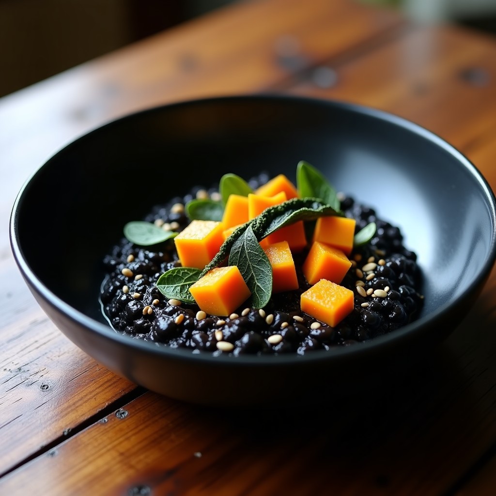 Plato hondo de cerámica negra con risotto cremoso de color oscuro, trozos de calabaza dorada y láminas de alga nori. Receta de risotto negro con calabaza y algas nori, decorado con semillas de sésamo.