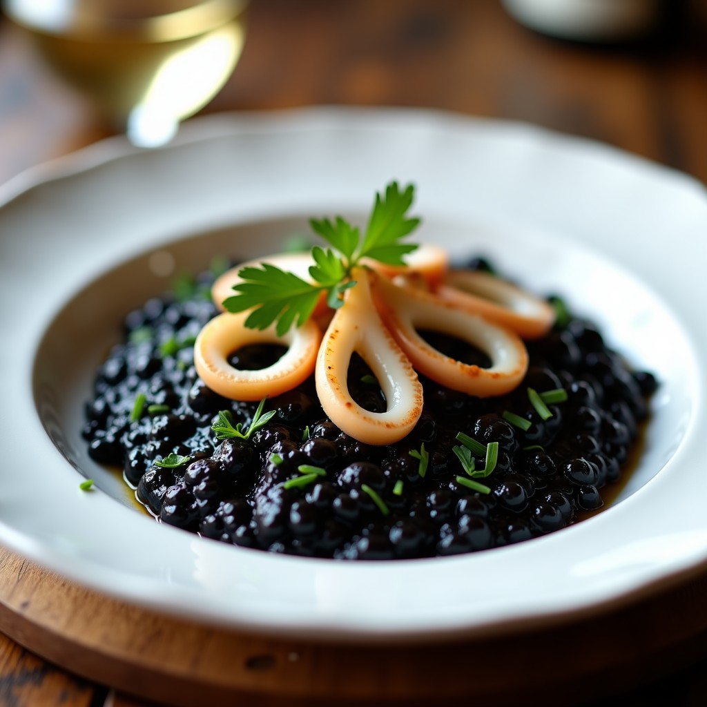Plato hondo de cerámica blanca con risotto negro brillante, tinta de calamar bien integrada, anillos de calamar dorados y perejil fresco espolvoreado, receta italiana de risotto al tintero.