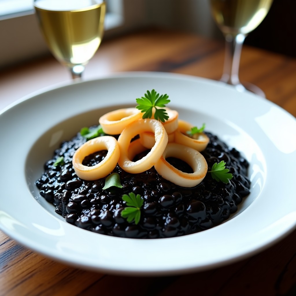 Plato blanco con risotto negro cremoso, trozos de calamares dorados y perejil fresco, receta de risotto negro con calamares en olla rápida.