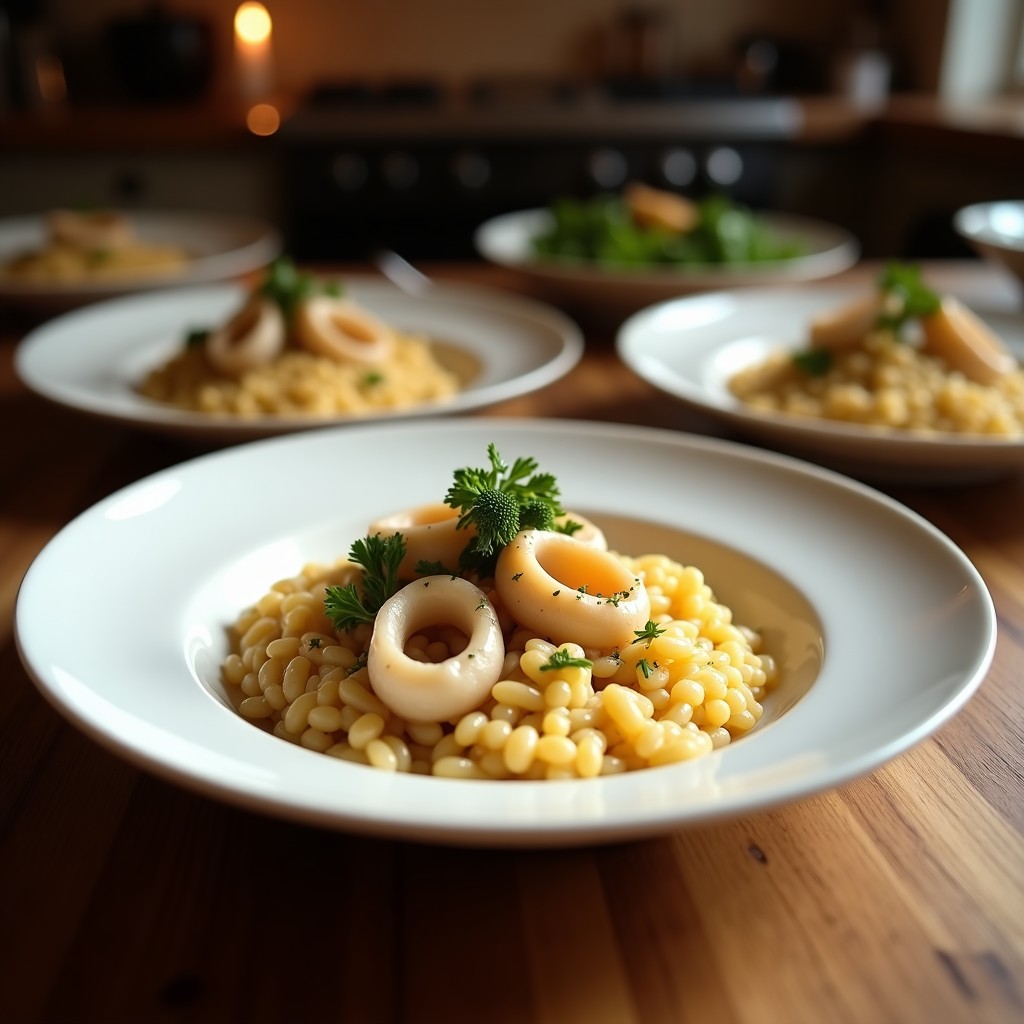 Cazuela de barro con risotto negro cremoso, trozos de calamares y sepia, y perejil fresco picado, servido en plato hondo blanco con tenedor de madera.