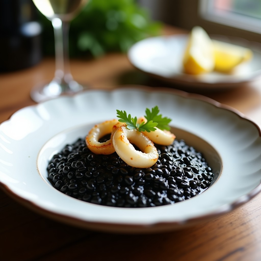 Plato hondo de porcelana blanca con risotto negro cremoso, calzones de mar dorados y perejil fresco, receta auténtica en Thermomix.