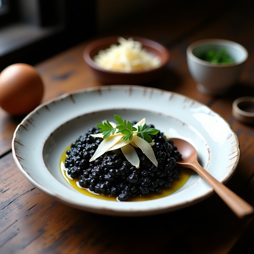 Plato hondo blanco con risotto negro al tintero de calamar, servido con una cuchara de madera y decorado con perejil fresco y virutas de Parmesano, receta tradicional de Carnaval de Venecia.