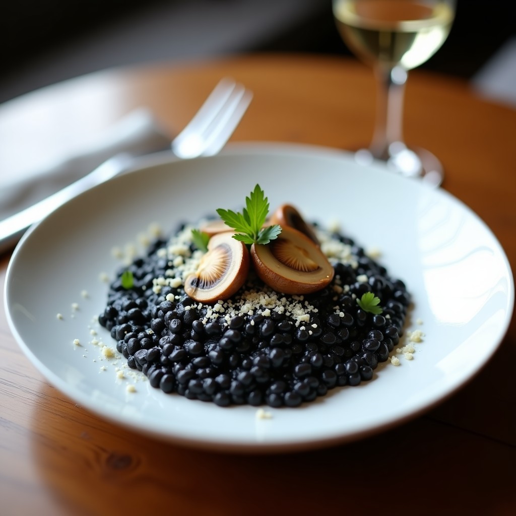 Plato hondo de porcelana blanca con risotto negro cremoso, champiñones portobello dorados y queso parmesano rallado, decorado con perejil fresco, receta de olla lenta.