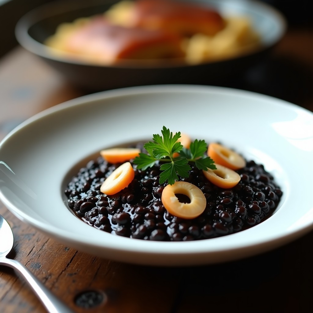 Plato hondo blanco con risotto negro cremoso, chipirones tiernos y perejil fresco espolvoreado, servido en olla exprés.