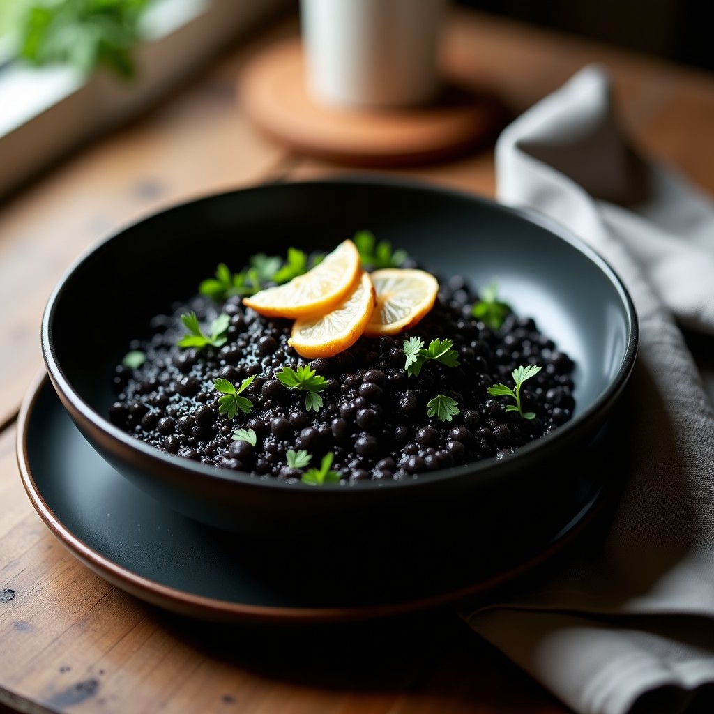 Plato hondo negro con risotto cremoso de color intenso, decorado con perejil fresco y trozos de sepia, receta auténtica italiana con tinta de sepia.