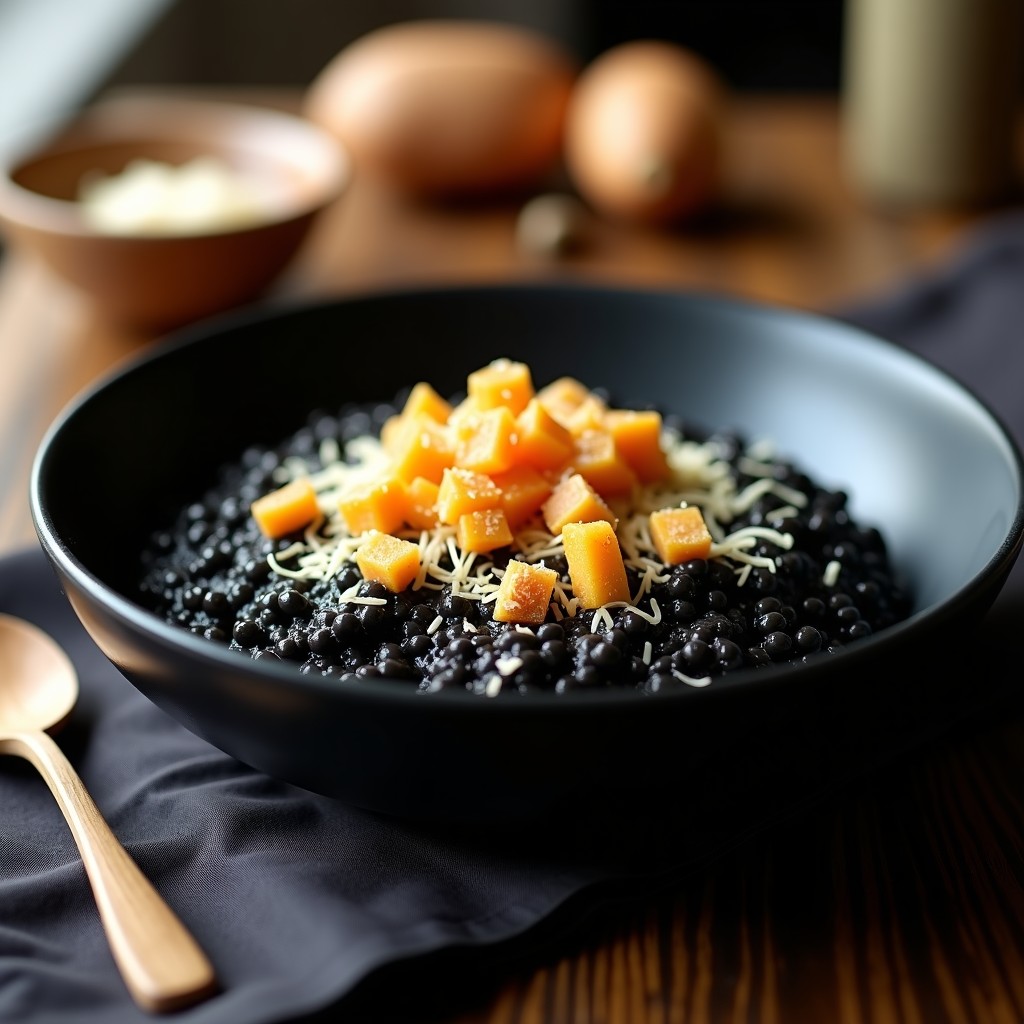 Plato hondo de cerámica negra con risotto negro gratinado, cubierto de queso parmesano dorado y taquitos crujientes de panceta de Teruel, servido con una cuchara de madera.