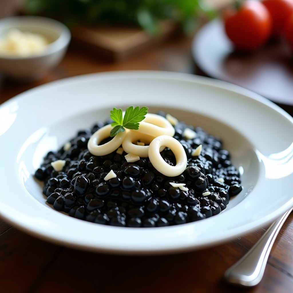 Plato blanco con risotto negro cremoso, decorado con anillos de calamar, perejil fresco y virutas de parmesano, servido con una cuchara de madera.
