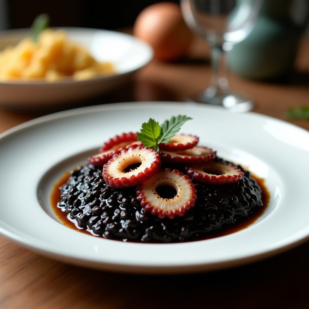 Plato hondo de cerámica negra con risotto negro cremoso, trozos de pulpo ahumado y perejil fresco picado, servido con una cuchara de madera.