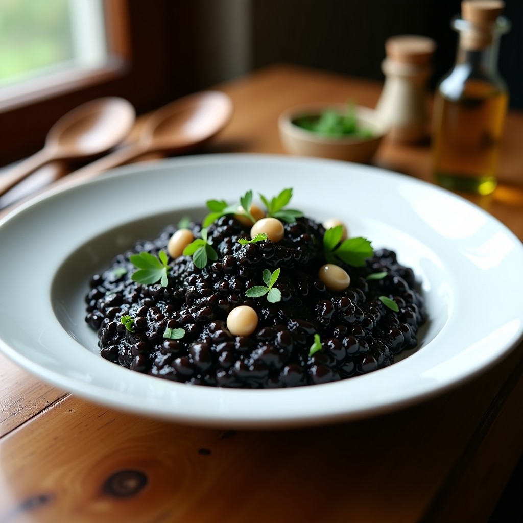 Plato hondo de porcelana blanca con risotto negro brillante, decorado con trozos de sepia y perejil fresco. Fondo borroso con utensilios de cocina y especias.