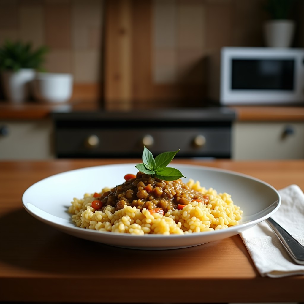 Plato hondo de porcelana blanca con risotto negro brillante, trozos de sepia y perejil fresco, receta express mediterránea.
