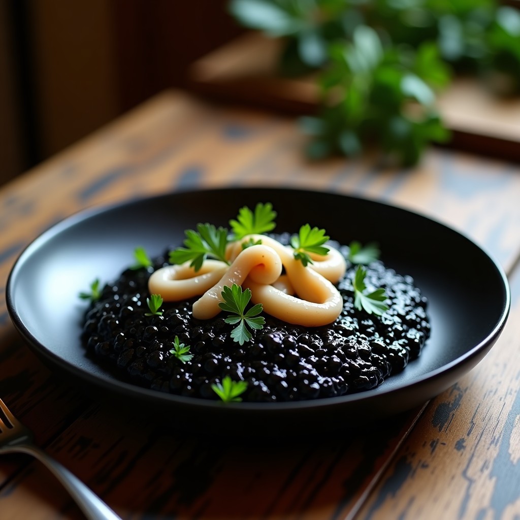 Plato hondo de porcelana negra con risotto negro cremoso, trozos de calamar y perejil fresco, servido con tenedor de metal y fondo rústico.