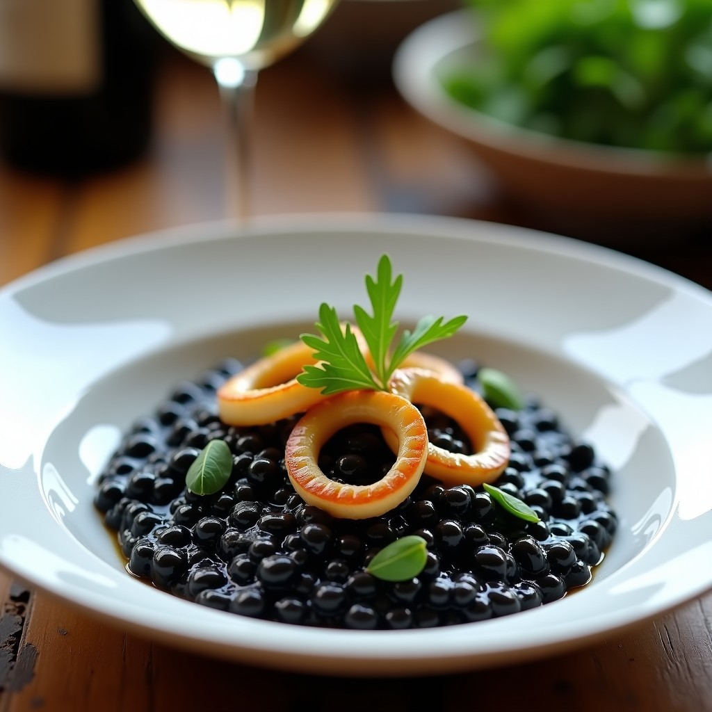 Plato hondo blanco con risotto negro a la tinta de calamar, cremoso y brillante, decorado con anillos de calamar dorados y perejil fresco. Receta Thermomix gourmet.