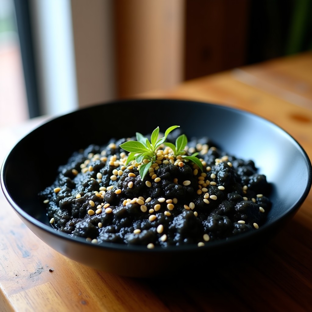 Plato hondo negro con risotto cremoso de color oscuro por las algas nori, decorado con semillas de sésamo tostadas y tiras de alga nori. Receta vegana de risotto negro ultracremoso.