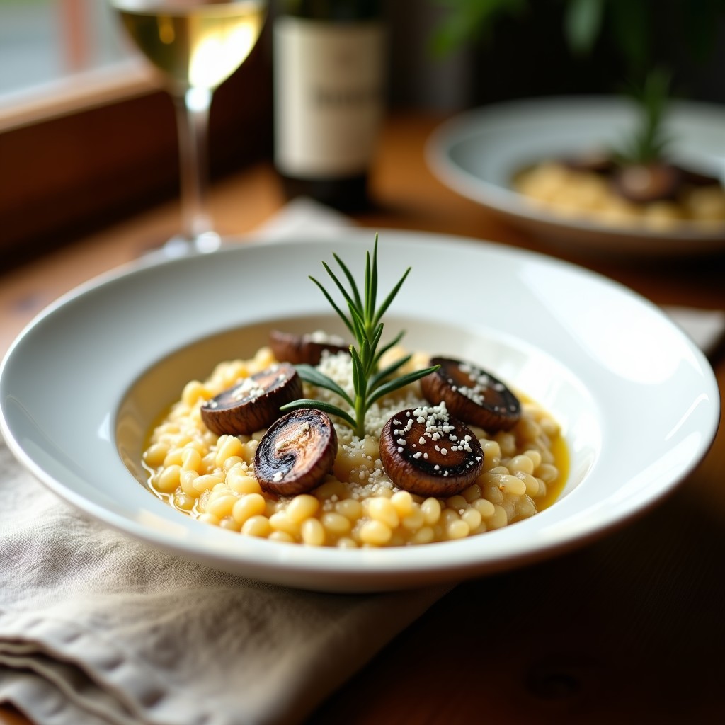 Plato hondo de porcelana blanca con risotto de champiñones portobello y vino blanco, textura cremosa y brillante, láminas de portobello doradas, espolvoreado con queso parmesano y hojas de romero fresco, servido sobre mantel rústico de lino con copa de vino blanco al fondo.