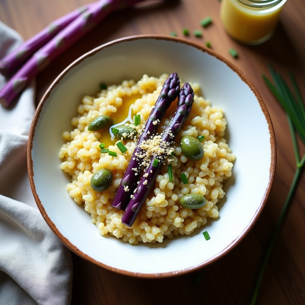 Plato hondo de cerámica blanca con risotto cremoso de quinoa, trozos de espárragos morados vibrante y salsa de queso de anacardos dorado. Decorado con puntas de espárragos salteadas y un hilo de aceite de oliva. Foto en ángulo cenital con fondo oscuro y luz natural.