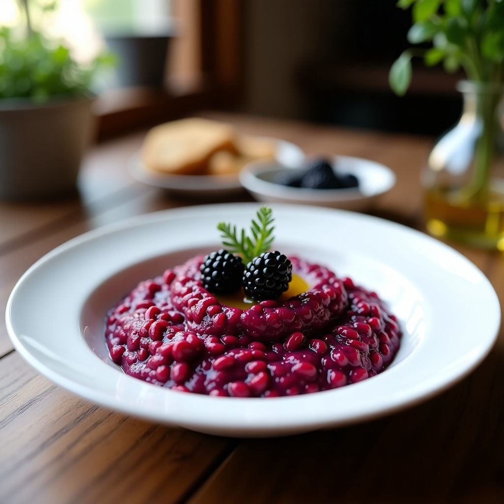 Plato hondo blanco con risotto de color morado intenso, decorado con arándanos negros frescos y hojas de tomillo. Textura cremosa y brillante, típico de un risotto vegano de remolacha y arándanos.